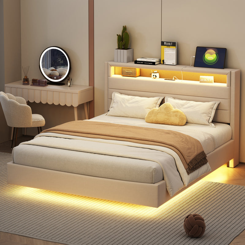 Lit double tissu beige avec rangement tête de lit, prises USB et éclairage LED intégré 140x200cm (matelas non inclus) BIOMASS
