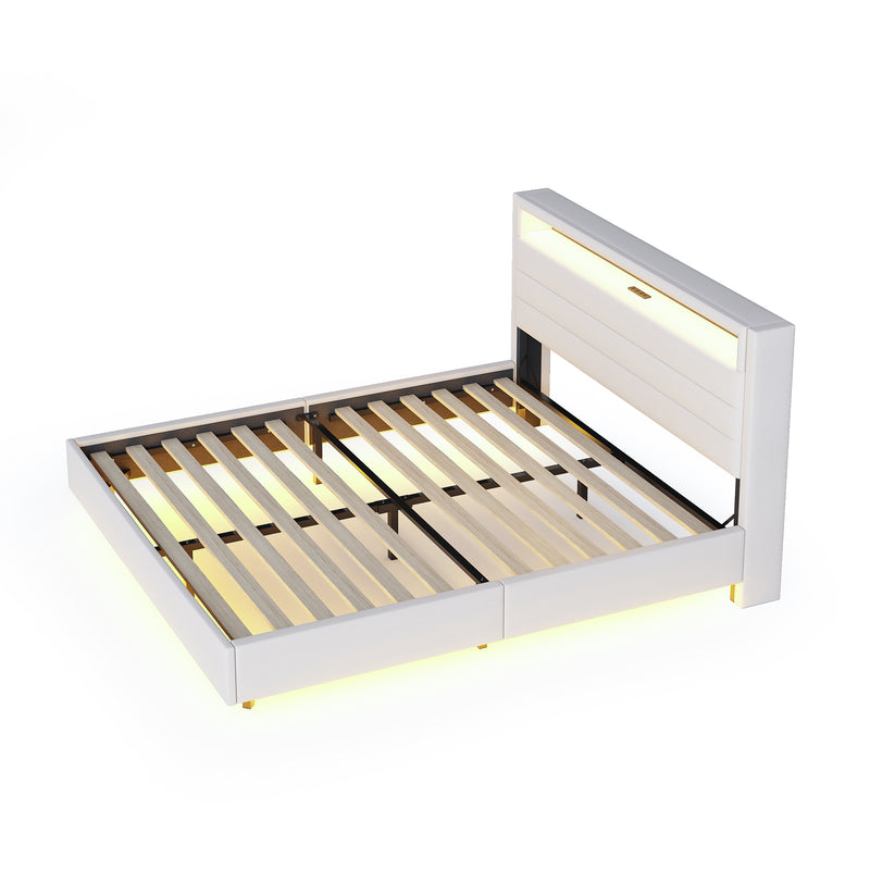 Lit double tissu beige avec rangement tête de lit, prises USB et éclairage LED intégré 140x200cm (matelas non inclus) BIOMASS