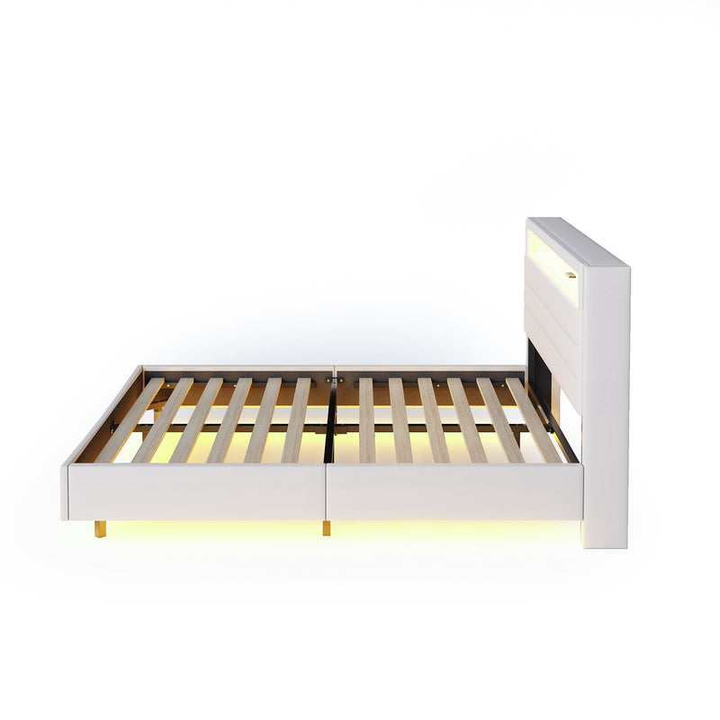 Lit double tissu beige avec rangement tête de lit, prises USB et éclairage LED intégré 140x200cm (matelas non inclus) BIOMASS