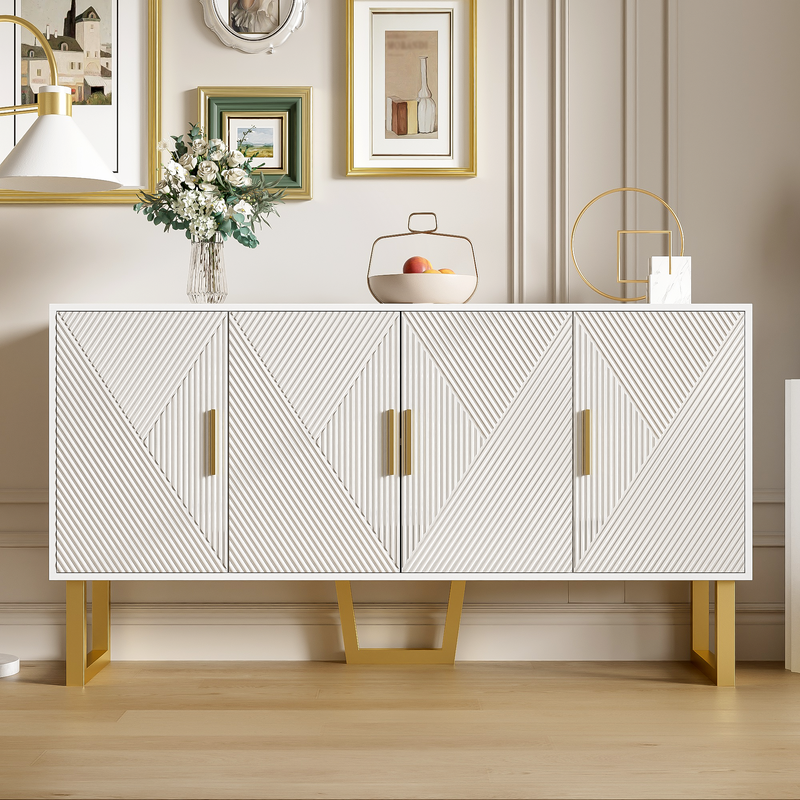 Buffet luxe blanc laqué portes texturées et accents dorées BOCAS