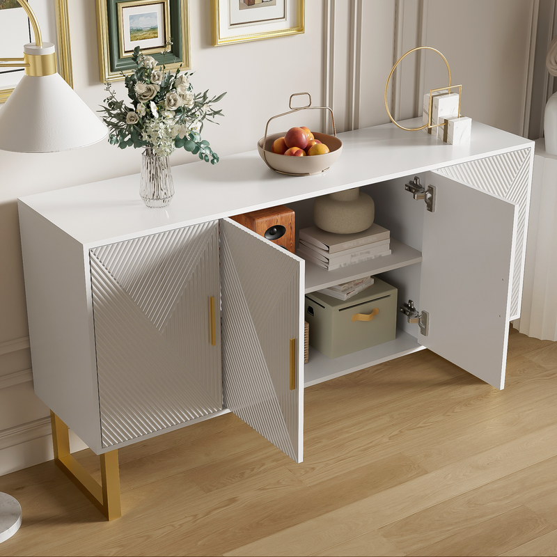 Buffet luxe blanc laqué portes texturées et accents dorées BOCAS
