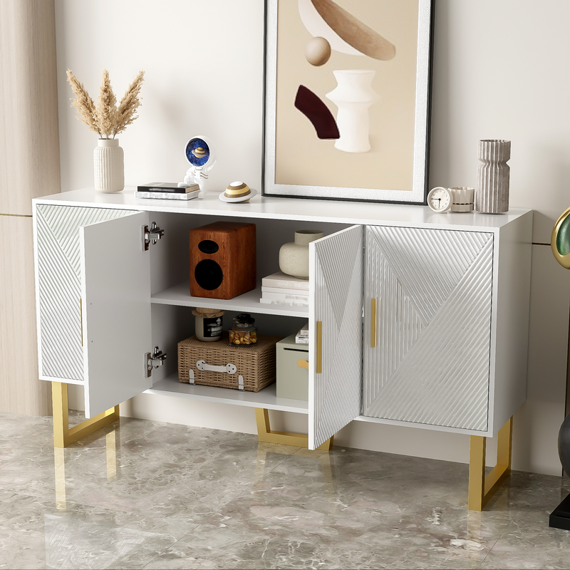 Buffet luxe blanc laqué portes texturées et accents dorées BOCAS