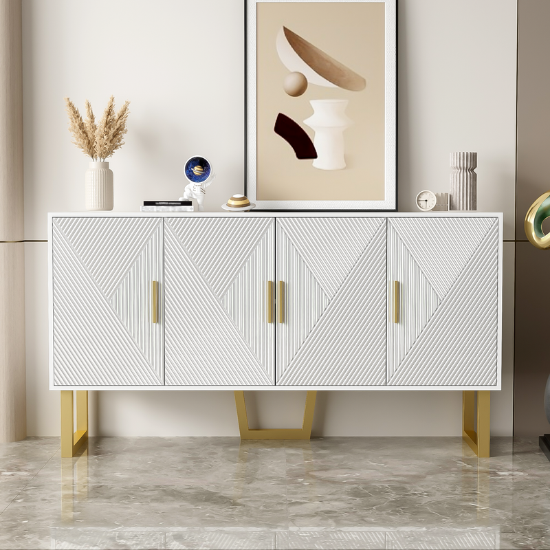 Buffet luxe blanc laqué portes texturées et accents dorées BOCAS