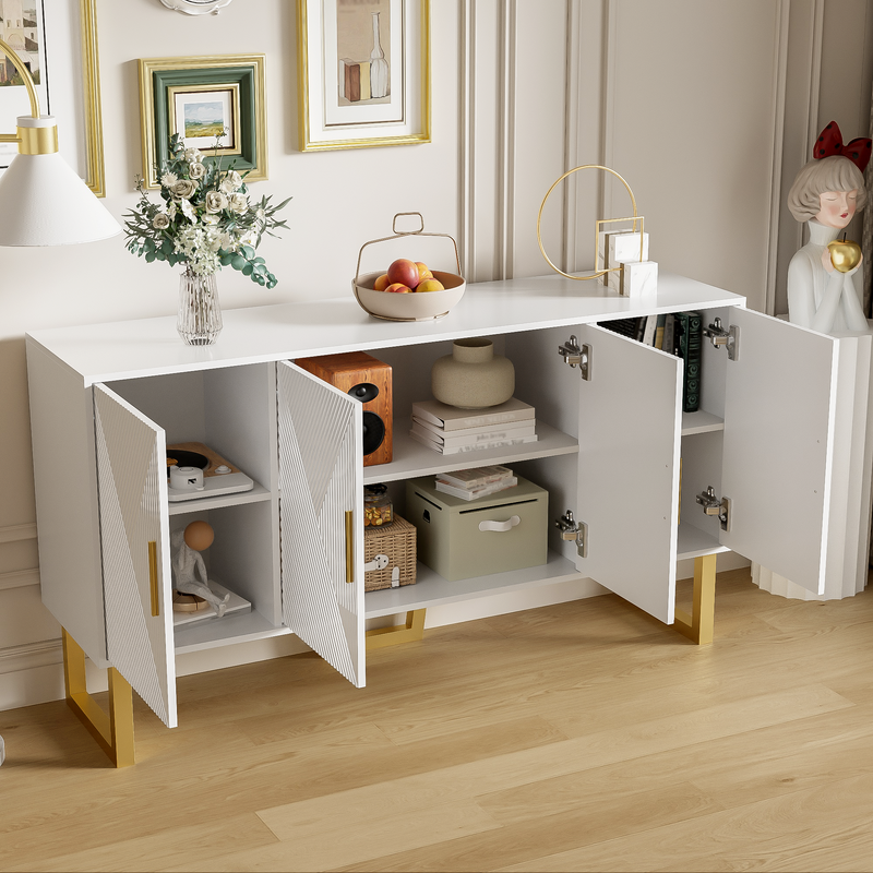Buffet luxe blanc laqué portes texturées et accents dorées BOCAS
