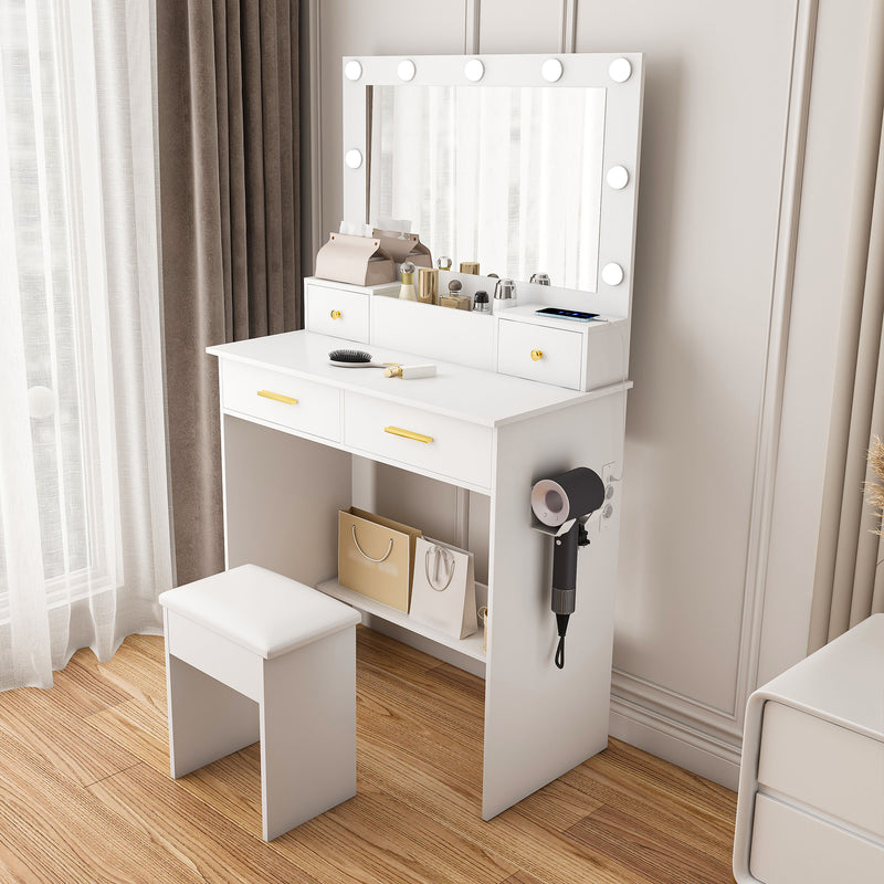 Coiffeuse de maquillage "hollywood" avec miroir 10 ampoules led à 3 niveaux, station d&