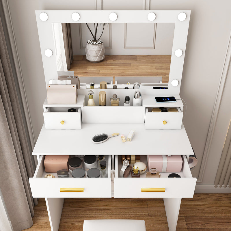 Coiffeuse de maquillage "hollywood" avec miroir 10 ampoules led à 3 niveaux, station d&