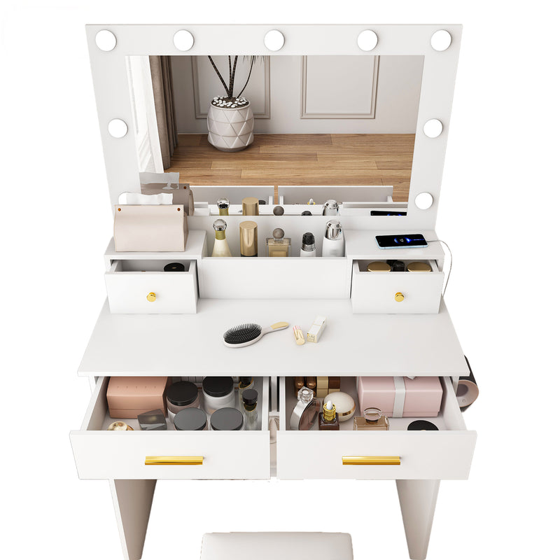 Coiffeuse de maquillage "hollywood" avec miroir 10 ampoules led à 3 niveaux, station d&