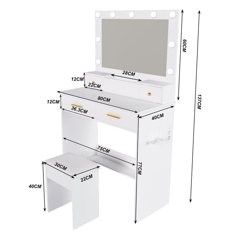 Coiffeuse de maquillage "hollywood" avec miroir 10 ampoules led à 3 niveaux, station d&