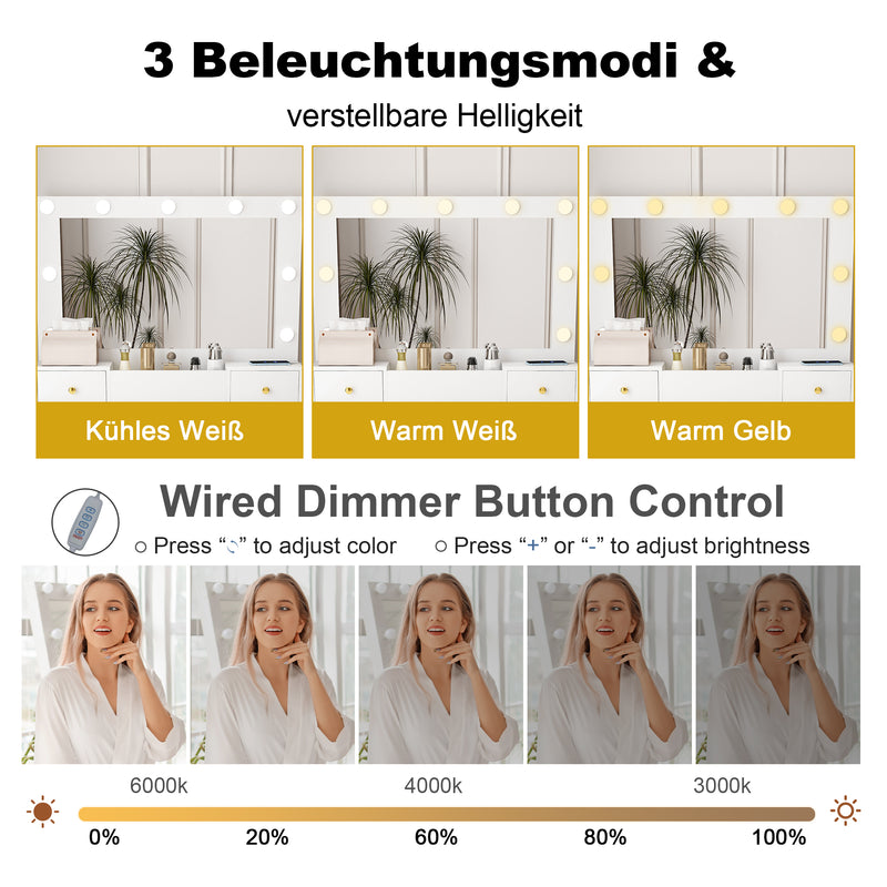 Coiffeuse de maquillage "hollywood" avec miroir 10 ampoules led à 3 niveaux, station d&