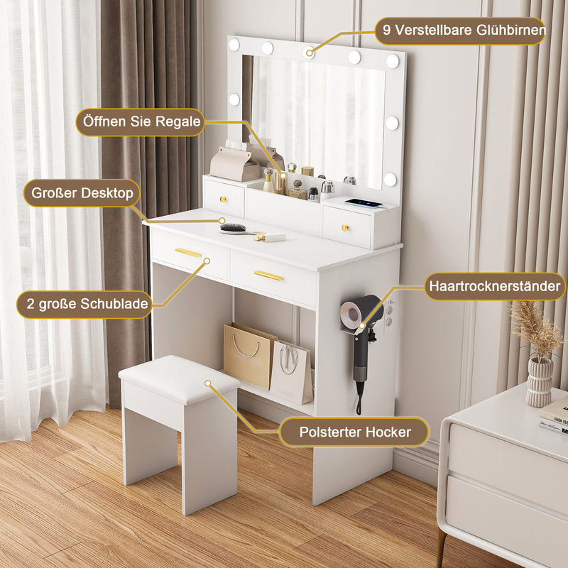 Coiffeuse de maquillage "hollywood" avec miroir 10 ampoules led à 3 niveaux, station d&