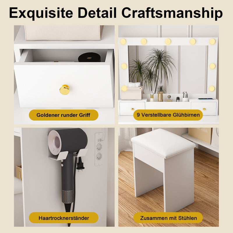 Coiffeuse de maquillage "hollywood" avec miroir 10 ampoules led à 3 niveaux, station d&