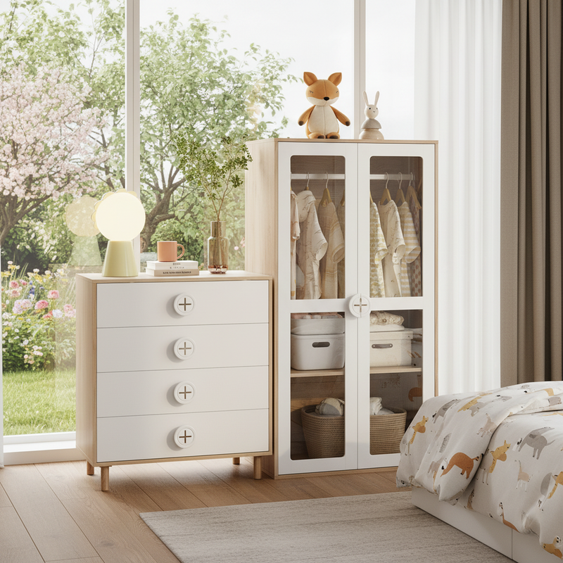 Ensemble de armoire portes vitrées + commode 4 tiroirs bicolores BOMBYX