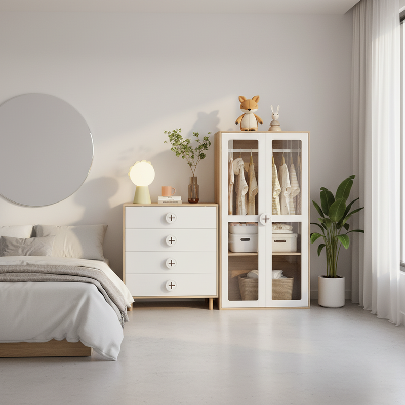 Ensemble de armoire portes vitrées + commode 4 tiroirs bicolores BOMBYX