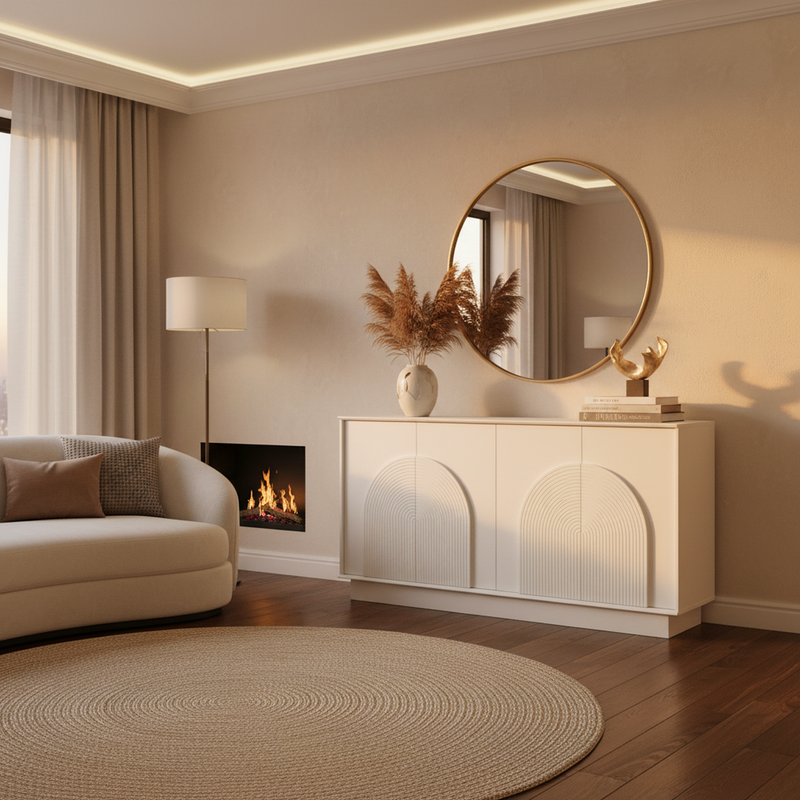 Buffet blanc mat élégant forme arches en relief 4 portes BRACT