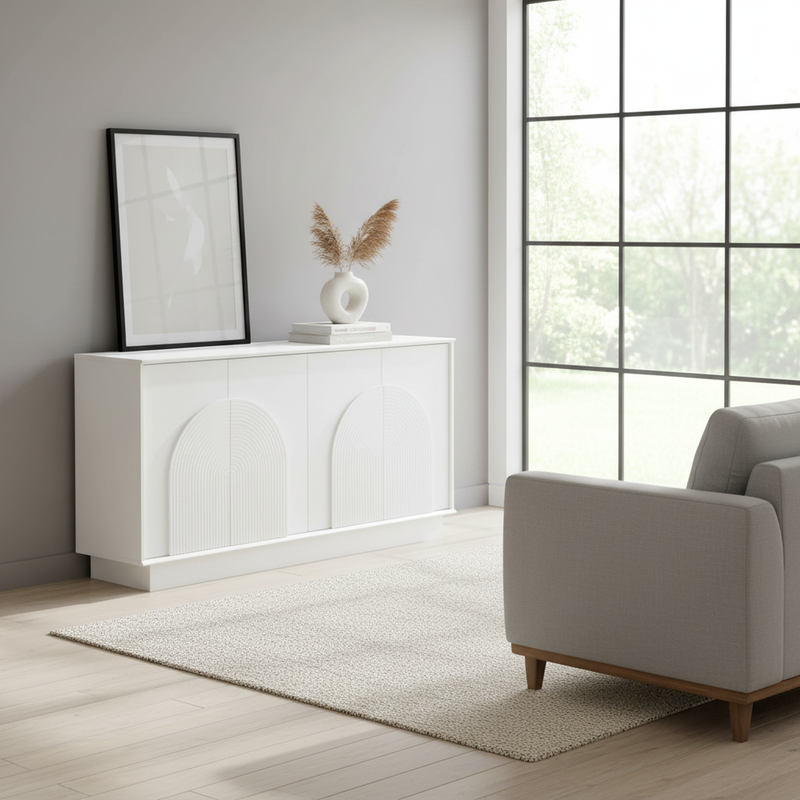 Buffet blanc mat élégant forme arches en relief 4 portes BRACT