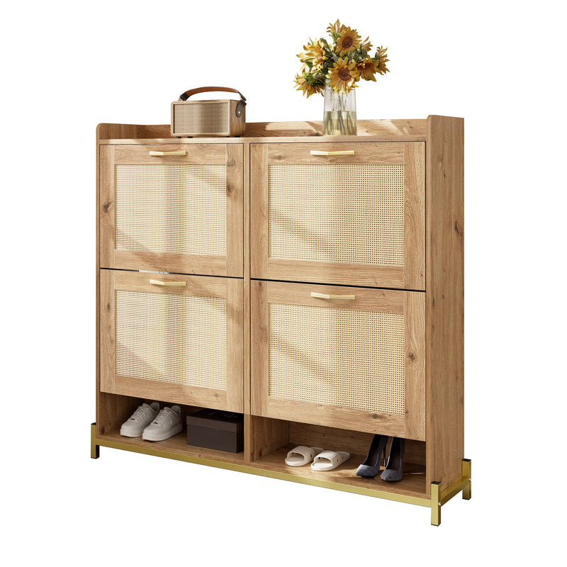 Meuble à chaussures effet bois et rotin MDF 4 portes battantes BRATAK