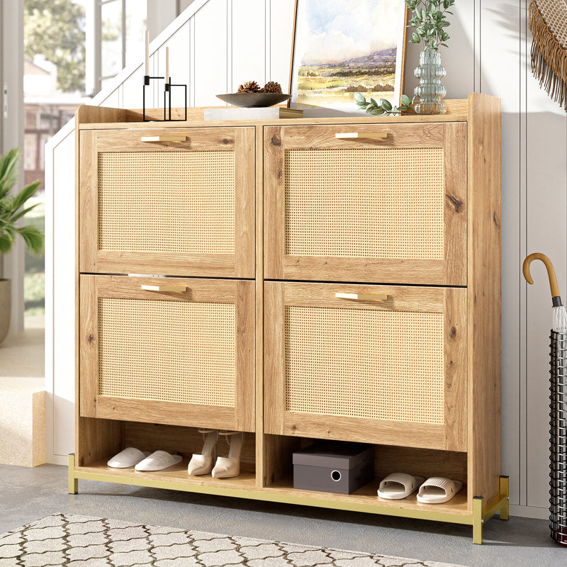 Meuble à chaussures effet bois et rotin MDF 4 portes battantes BRATAK