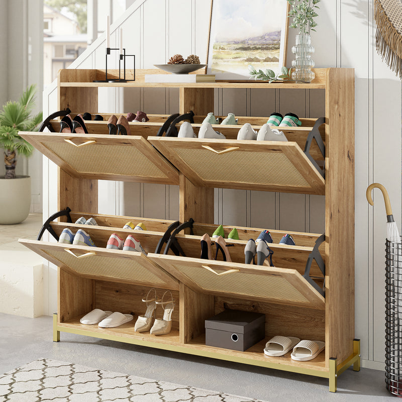 Meuble à chaussures effet bois et rotin MDF 4 portes battantes BRATAK