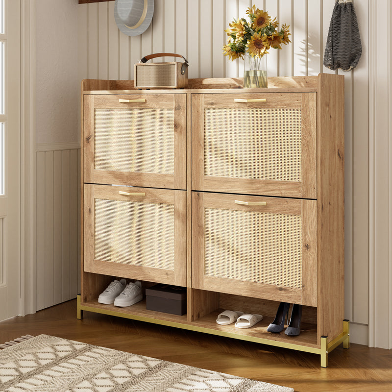 Meuble à chaussures effet bois et rotin MDF 4 portes battantes BRATAK