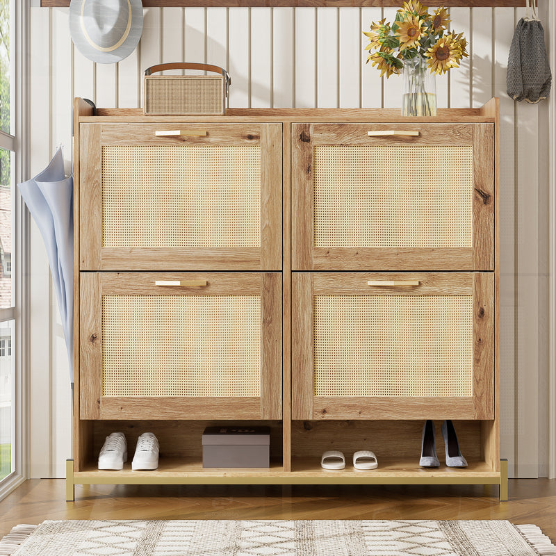 Meuble à chaussures effet bois et rotin MDF 4 portes battantes BRATAK