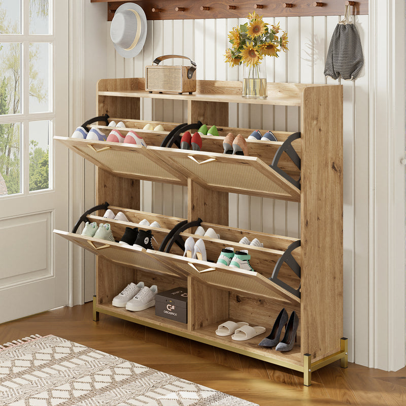 Meuble à chaussures effet bois et rotin MDF 4 portes battantes BRATAK