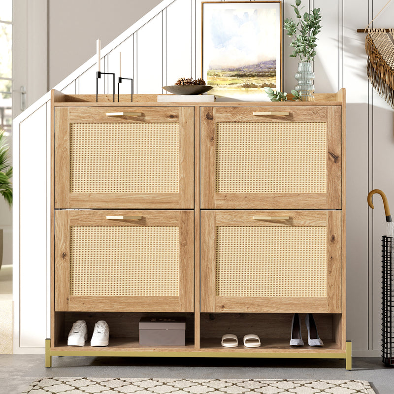 Meuble à chaussures effet bois et rotin MDF 4 portes battantes BRATAK