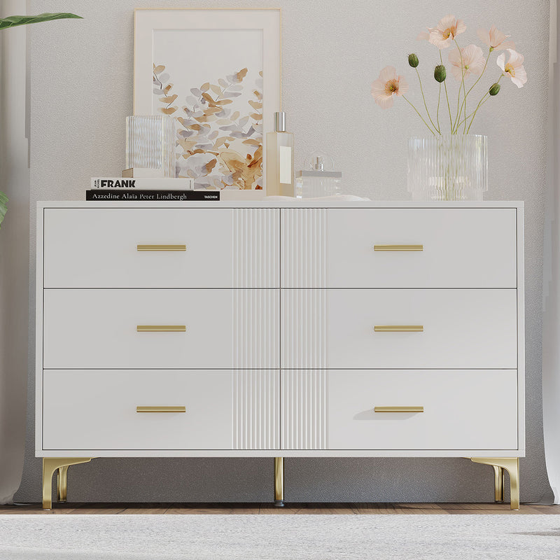 Commode blanche élégante à 6 tiroirs motif ondulé accents dorées BRAXUINS