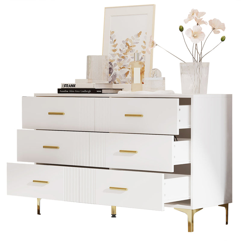 Commode blanche élégante à 6 tiroirs motif ondulé accents dorées BRAXUINS