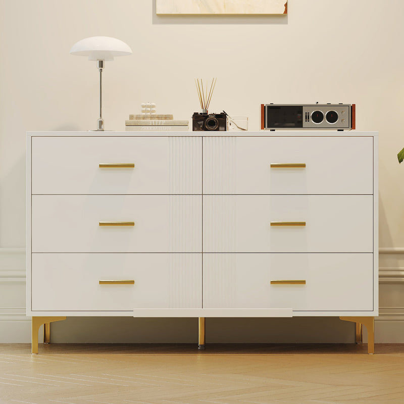 Commode blanche élégante à 6 tiroirs motif ondulé accents dorées BRAXUINS