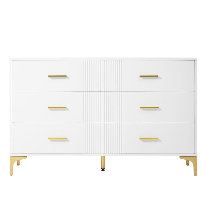 Commode blanche élégante à 6 tiroirs motif ondulé accents dorées BRAXUINS