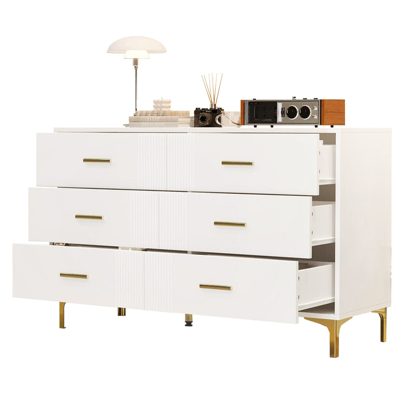 Commode blanche élégante à 6 tiroirs motif ondulé accents dorées BRAXUINS