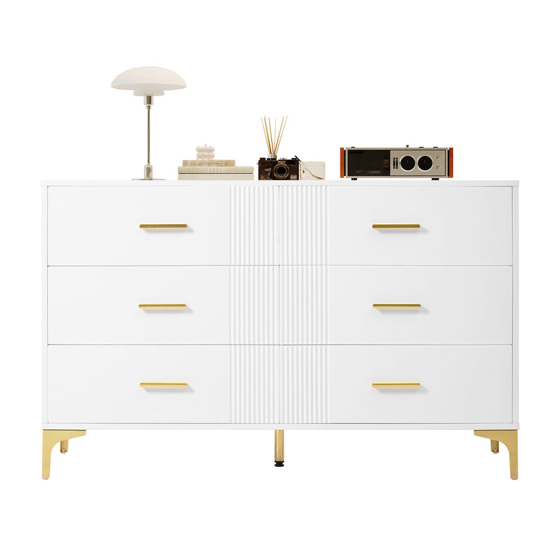 Commode blanche élégante à 6 tiroirs motif ondulé accents dorées BRAXUINS