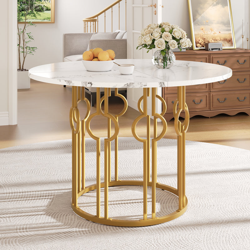 Table à manger ronde effet marble blanc et structure dorée 100x100cm BRIGVENS