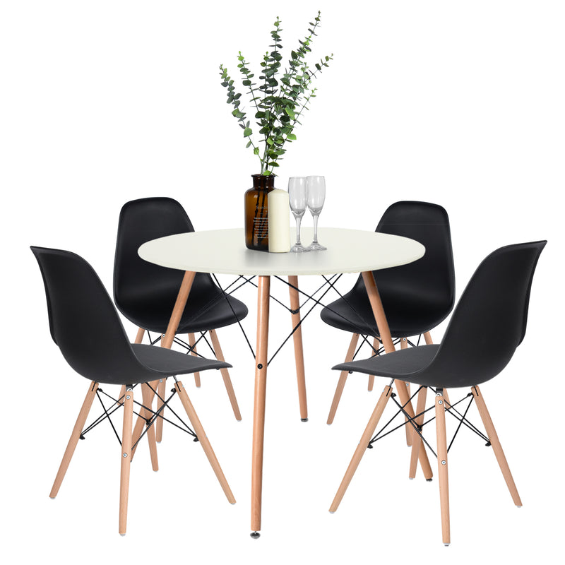 Set aus Tisch und 4 skandinavischen Esszimmerstühlen mit weißen und schwarzen Holzbeinen 80*80 CHAD + RICO