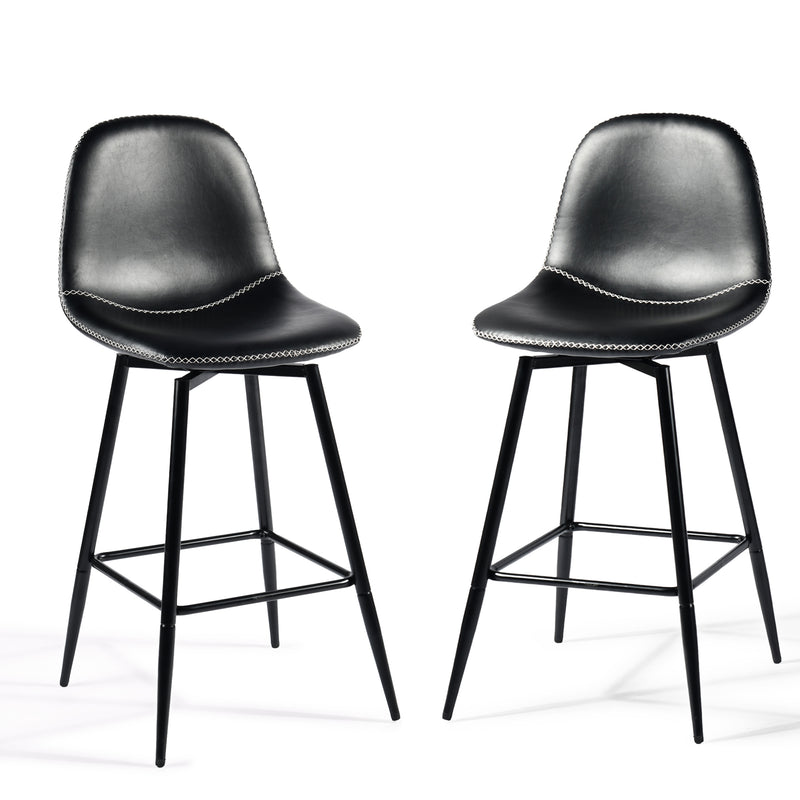 Lot de 2 tabourets de bar pivotants en PU noir de style industriel surpiqûres blancs CHARLTON COUNTER BLACK PU BLACK LEG 2PCS