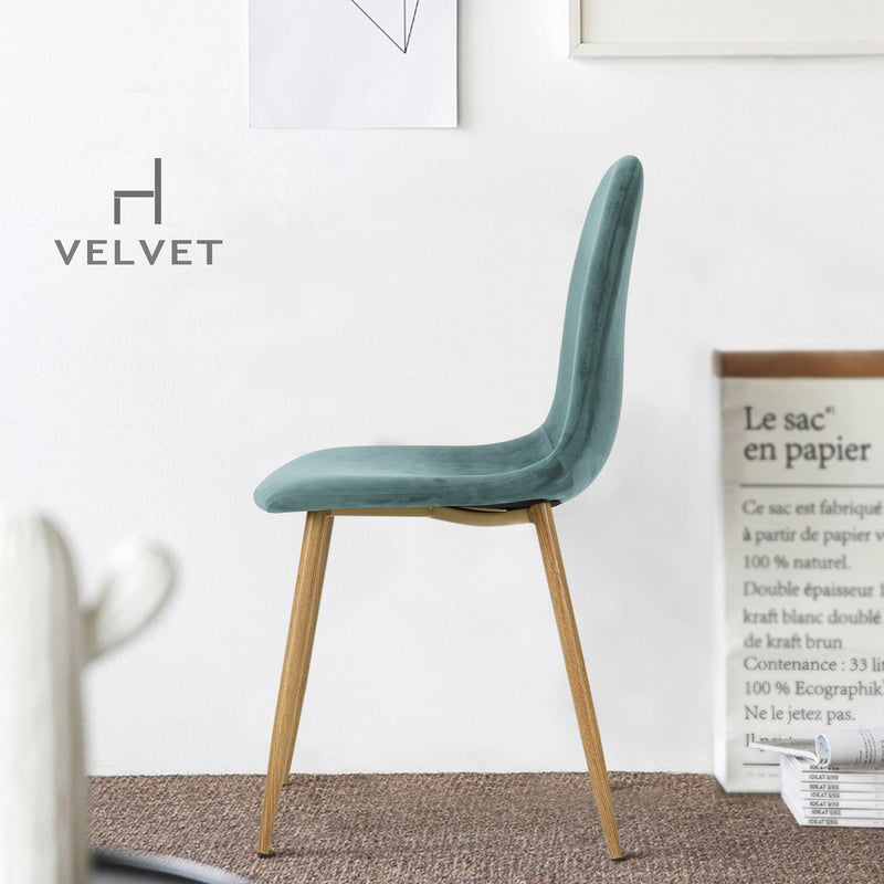 Lot de 4 chaises salle à manger scandinaves velours vert turquois pied effet bois CHARLTON VELVET AQUA UKFR