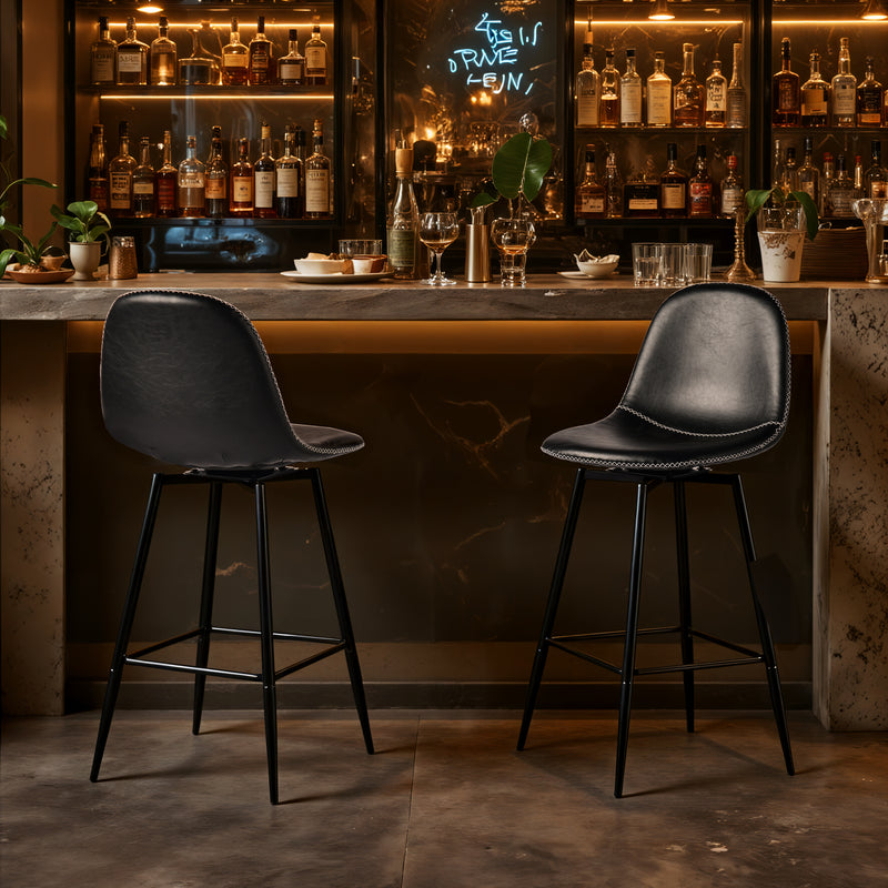 Lot de 2 tabourets de bar pivotants en PU noir de style industriel surpiqûres blancs CHARLTON COUNTER BLACK PU BLACK LEG 2PCS