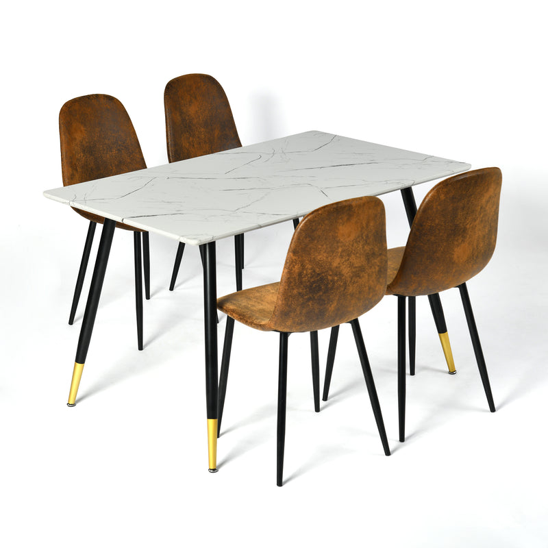 Ensemble table blanche effet marbre et 4 chaises scandinaves rétros WHALEN MARBLE TABLE BG+CHARLTON SUEDE BROWN S FRXZ