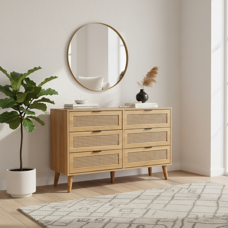Buffet rétro façade en rotin tressé 6 tiroirs pieds obliques CANDELIL
