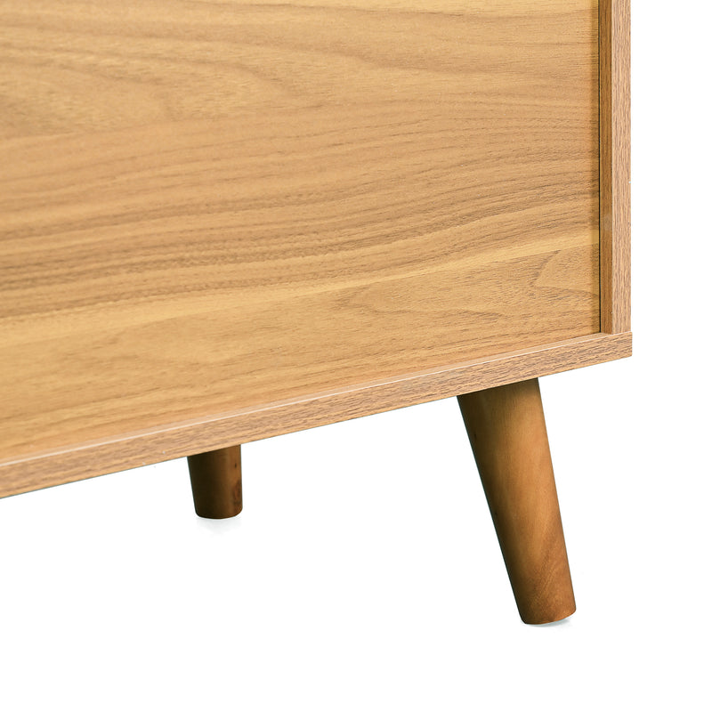 Buffet rétro façade en rotin tressé 6 tiroirs pieds obliques CANDELIL