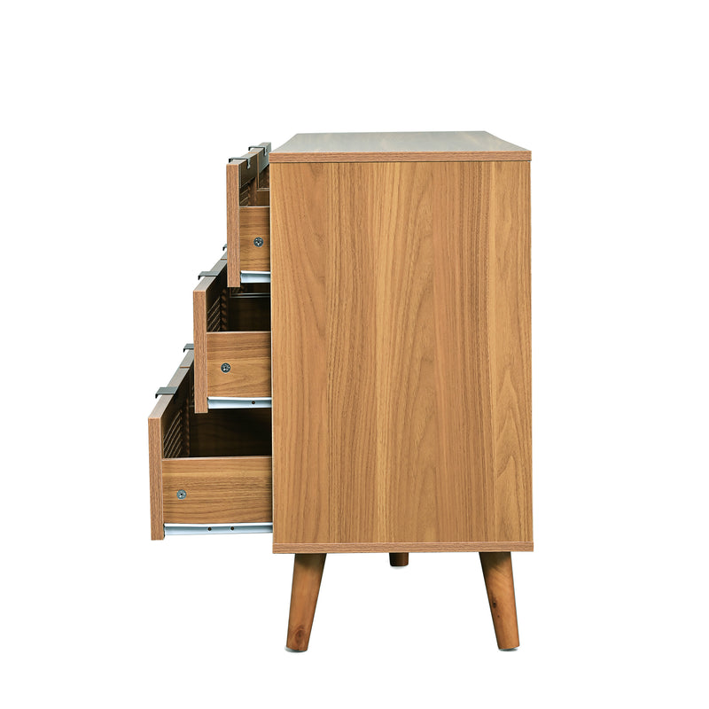 Buffet rétro façade en rotin tressé 6 tiroirs pieds obliques CANDELIL