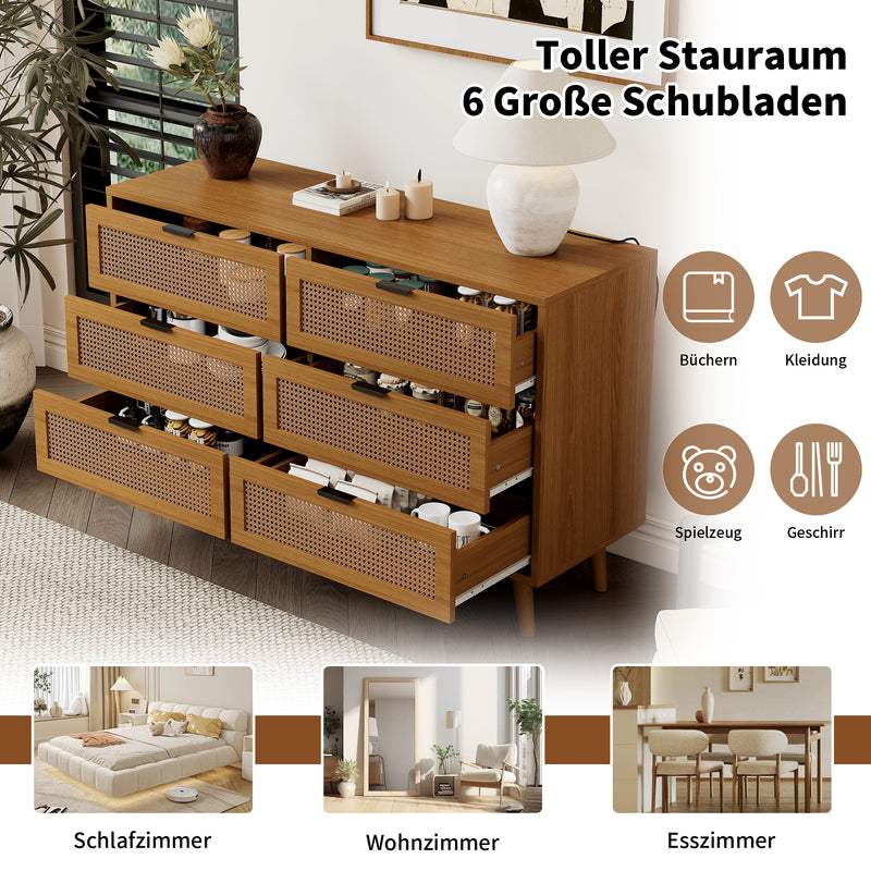 Buffet rétro façade en rotin tressé 6 tiroirs pieds obliques CANDELIL
