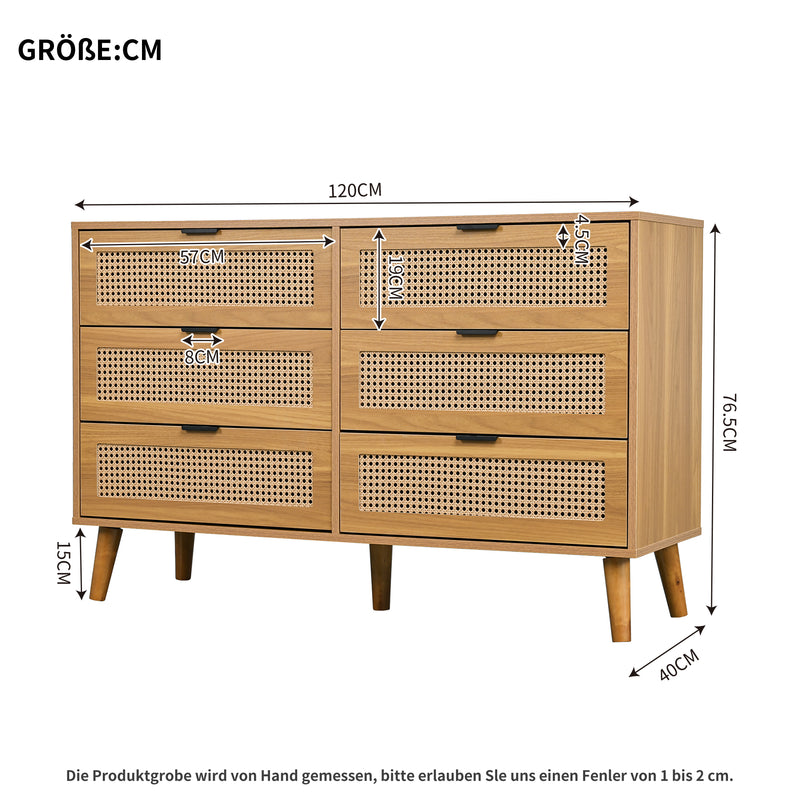 Buffet rétro façade en rotin tressé 6 tiroirs pieds obliques CANDELIL
