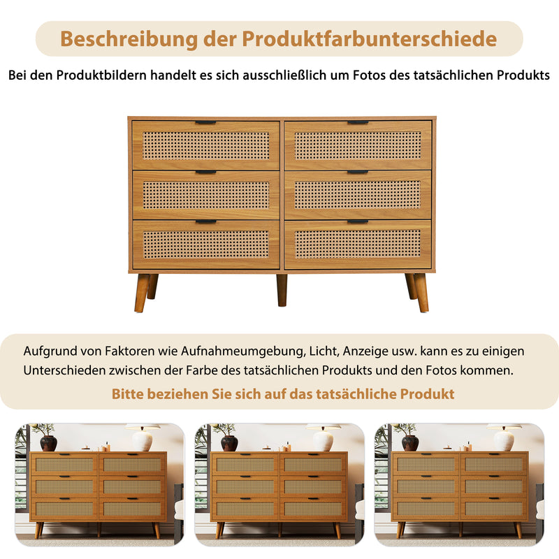 Buffet rétro façade en rotin tressé 6 tiroirs pieds obliques CANDELIL