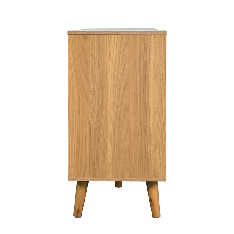 Buffet rétro façade en rotin tressé 6 tiroirs pieds obliques CANDELIL
