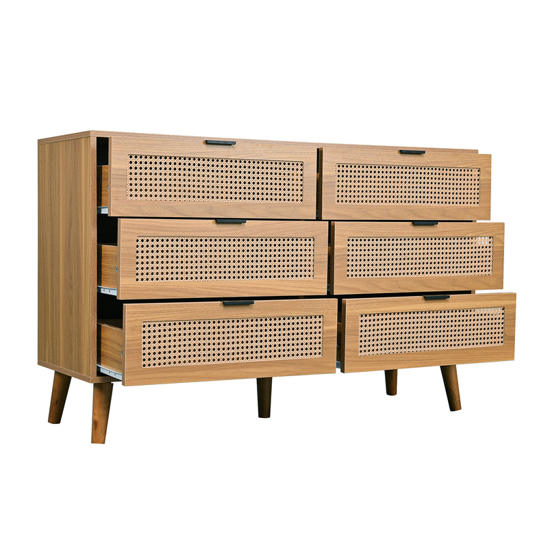 Buffet rétro façade en rotin tressé 6 tiroirs pieds obliques CANDELIL