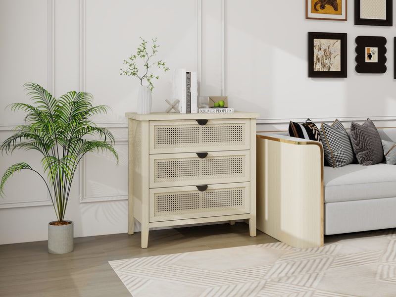 Buffet effet bois et rotin à 3 tiroirs 80x40x80cm CARNAUBA