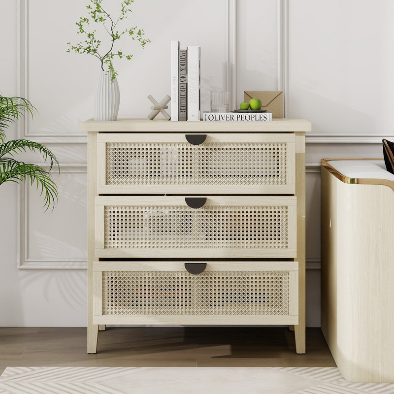 Buffet effet bois et rotin à 3 tiroirs 80x40x80cm CARNAUBA