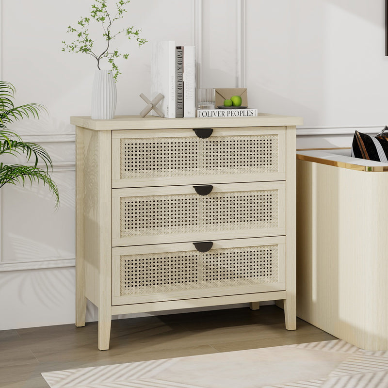 Buffet effet bois et rotin à 3 tiroirs 80x40x80cm CARNAUBA