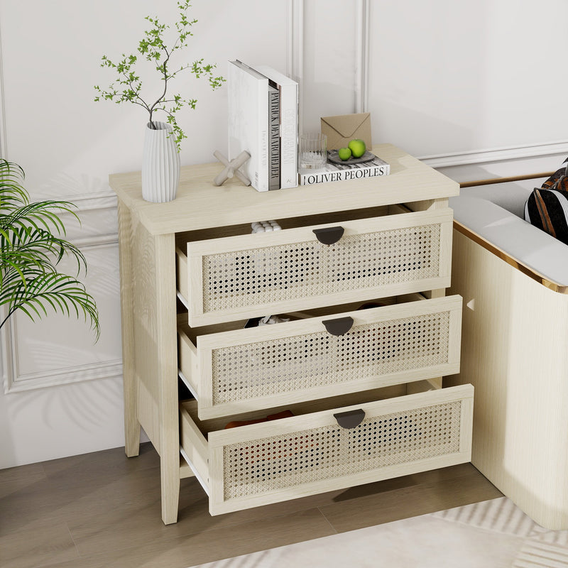 Buffet effet bois et rotin à 3 tiroirs 80x40x80cm CARNAUBA